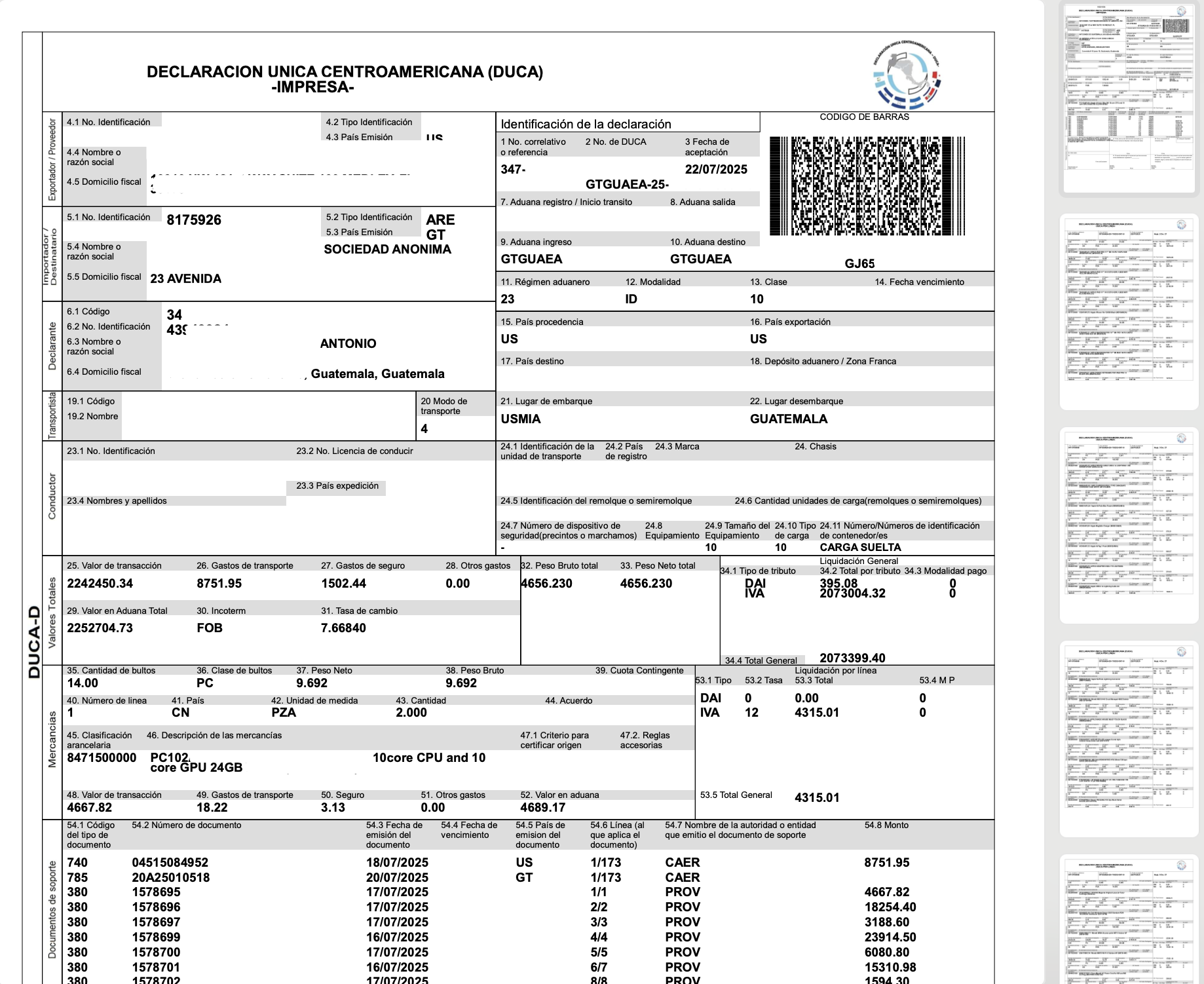 Ejemplo de Formulario Aduanero DUCA